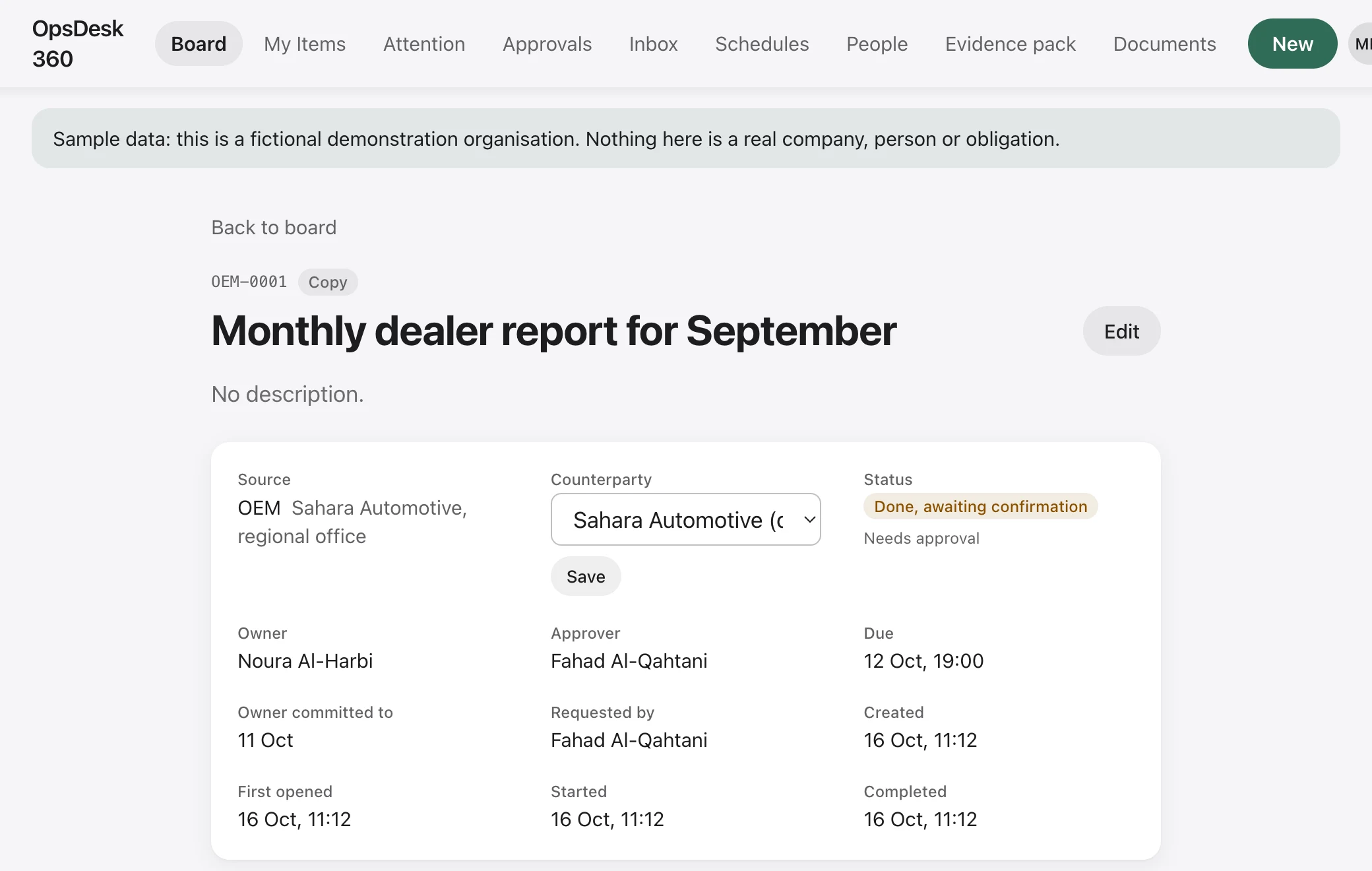 One obligation in OpsDesk 360 with sample data: its details, the actions open to its owner, and the record of everything that has happened to it.